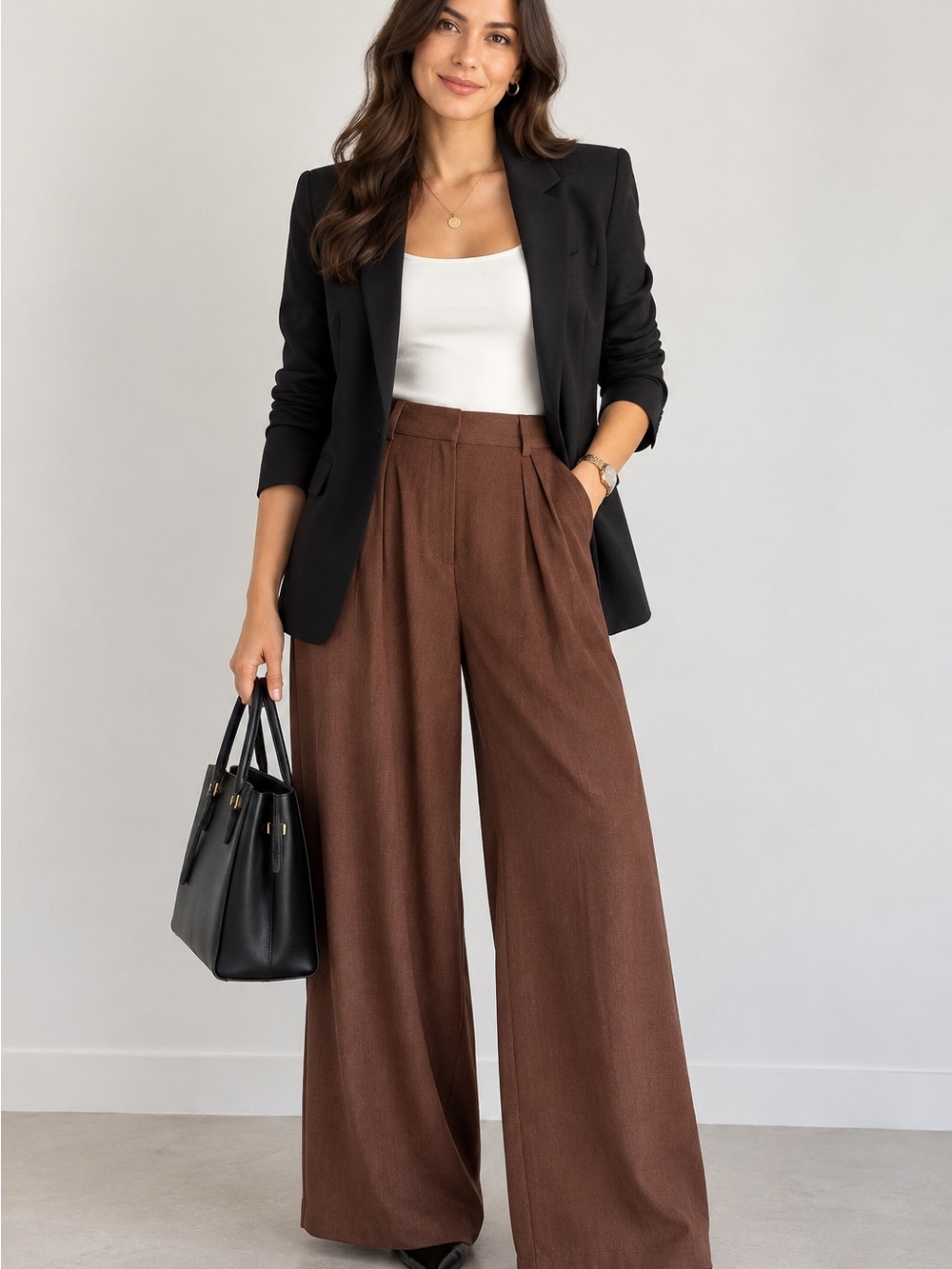 HALARA XL Regular Brown Wide Leg Dress pants Pleated High Waist Work